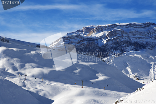 Image of Ski resort and sunlight rocks at evening