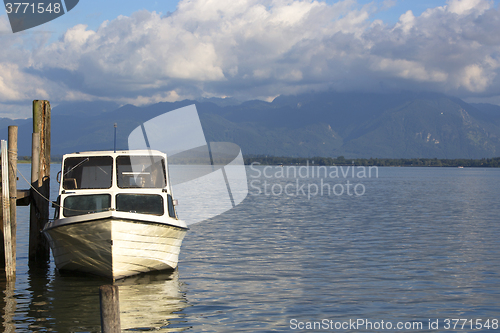 Image of Motor boat at the pier, Chiemsee, Bavaria