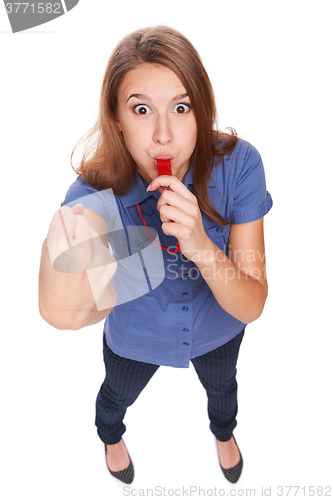 Image of Female blowing a whistle and pointing at you