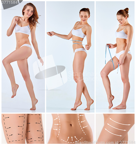 Image of Collage of female body with the drawing arrows