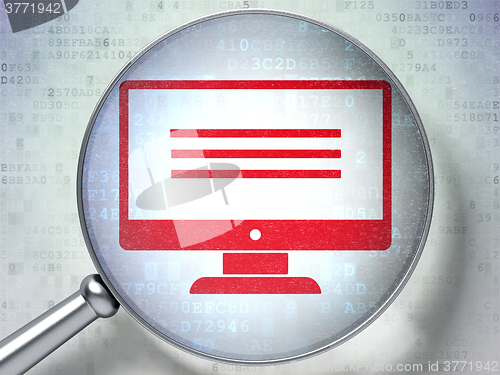 Image of Web design concept: Monitor with optical glass on digital background