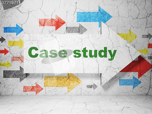 Image of Learning concept: arrow with Case Study on grunge wall background
