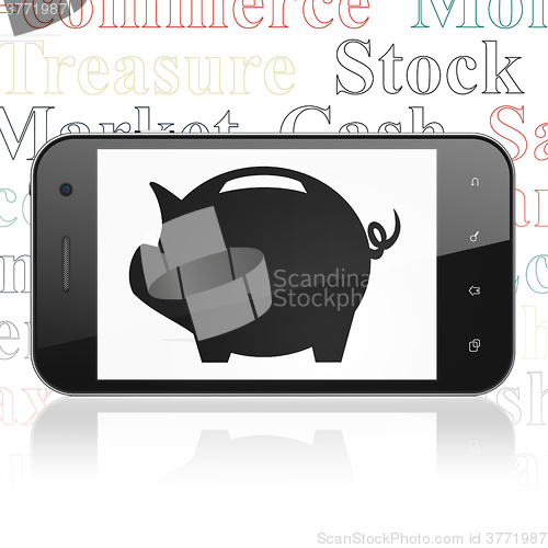 Image of Currency concept: Smartphone with Money Box on display
