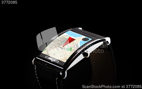 Image of close up of black smart watch with gps navigator