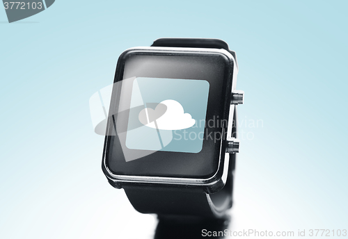 Image of close up of black smart watch with cloud icon