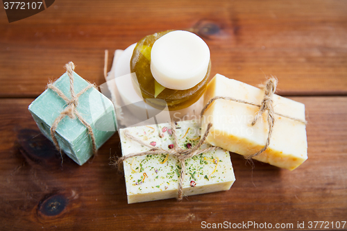 Image of close up of handmade soap bars on wood