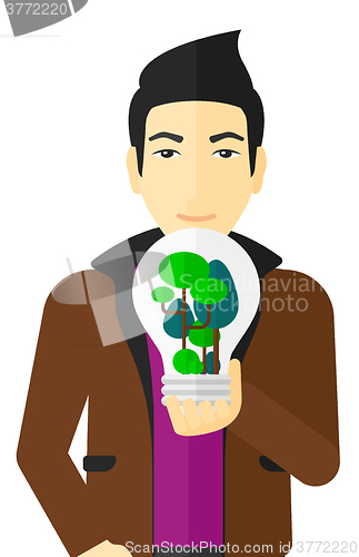 Image of Man with lightbulb and trees inside.