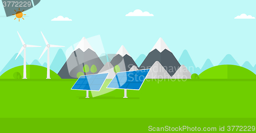 Image of Background of solar panels and wind turbines in mountains.