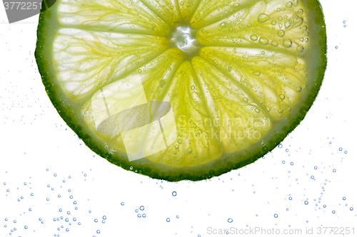 Image of lime slice falling or dipping in water 