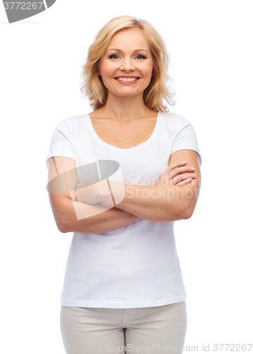 Image of smiling woman in blank white t-shirt