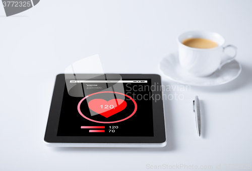 Image of tablet pc with heart rate icon and cup of coffee