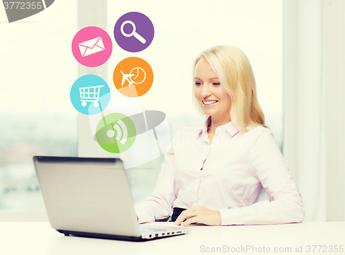 Image of smiling businesswoman or student with laptop