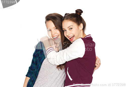 Image of happy smiling pretty teenage girls hugging