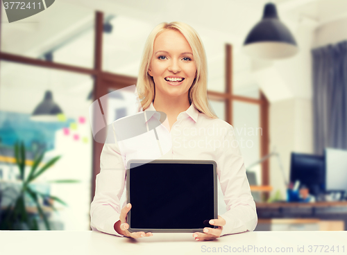 Image of smiling businesswoman or student with tablet pc