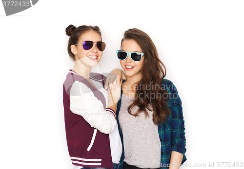 Image of happy smiling pretty teenage girls in sunglasses