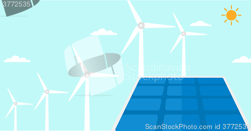 Image of Background of solar panels and wind turbines.