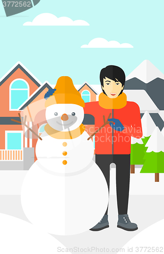 Image of Man posing near snowman.