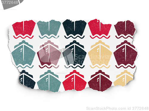 Image of Vacation concept: Ship icons on Torn Paper background