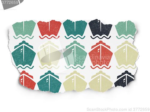 Image of Vacation concept: Ship icons on Torn Paper background