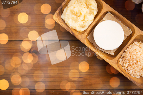 Image of close up of soap, himalayan salt and body scrub