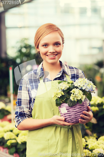 Image of happy woman holding flowers in greenhouse