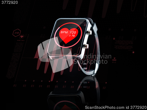 Image of close up of black smart watch with heart beat icon