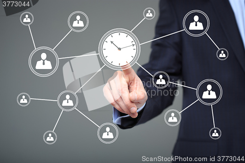 Image of Businessman hand press clock time button icon. business, technology and internet concept 