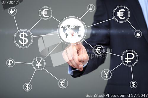 Image of Businessman pushing button with dollar map currency web icon. technology, internet and networking concept. 