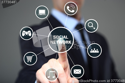 Image of business, technology, internet and networking concept - businessman pressing button with Social Network on virtual screens. 