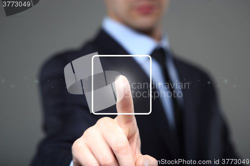 Image of Businessman standing posture hand touching virtual screen. business, technology and internet concept 