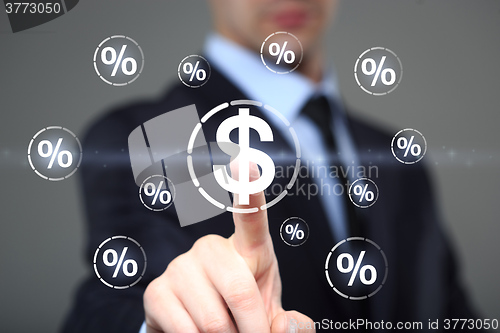 Image of Businessman touch button dollar communication percent icon. business, technology and internet concept 