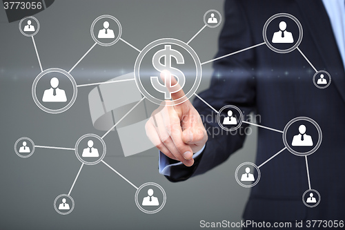 Image of Businessman pushing button with icon dollar virtual. technology, internet and networking concept. 