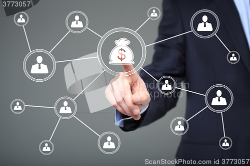 Image of Businessman pushing button with icon dollar virtual. technology, internet and networking concept. 