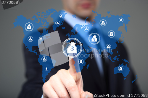 Image of Businessman pushing button with dollar map currency web icon. business, technology and internet concept 