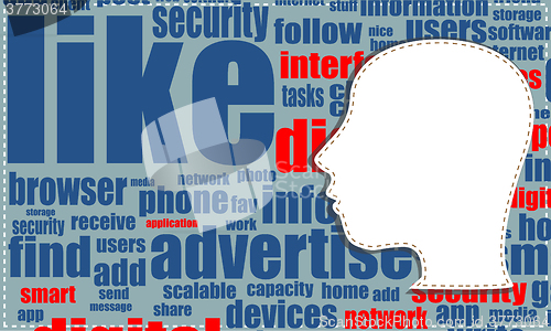 Image of vector Word cloud, tag cloud text business concept. Head silhouette with the words on the topic of social networking. Word collage.