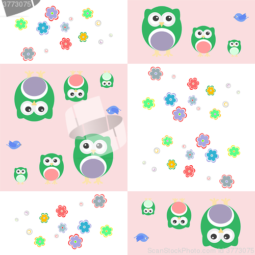 Image of Seamless cute owl and birds pattern for kids in vector