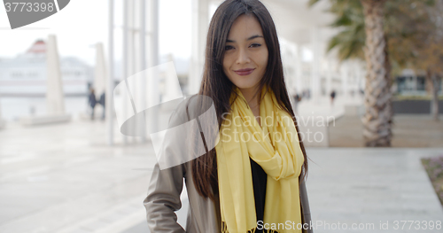 Image of Stylish young woman on a waterfront promenade