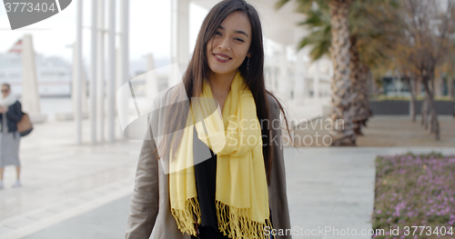 Image of Stylish young woman enjoying a walk in town