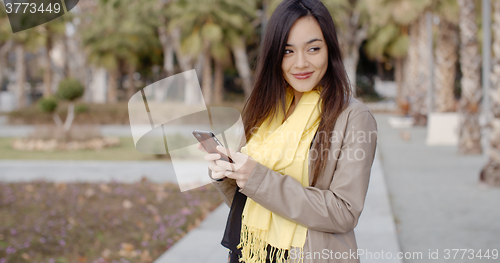 Image of Happy young woman sending a text message