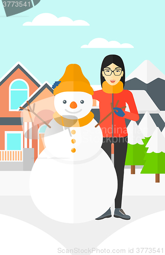 Image of Woman posing near snowman.