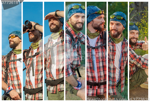 Image of Collage of young caucasian tourist with backpack 