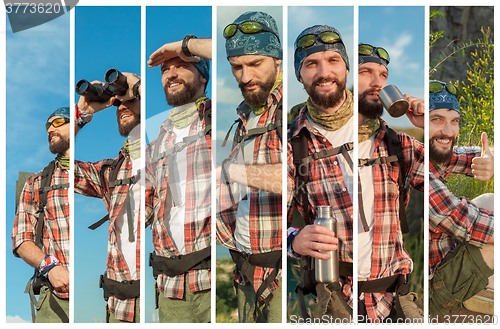 Image of Collage of young caucasian tourist with backpack 