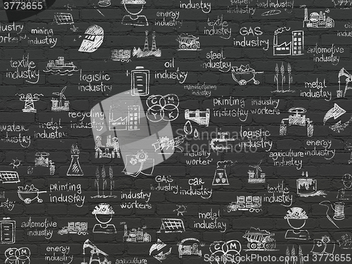 Image of Grunge background: Black Brick wall texture with Painted Hand Drawn Industry Icons