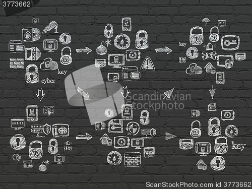 Image of Grunge background: Black Brick wall texture with  Hand Drawn Security Icons