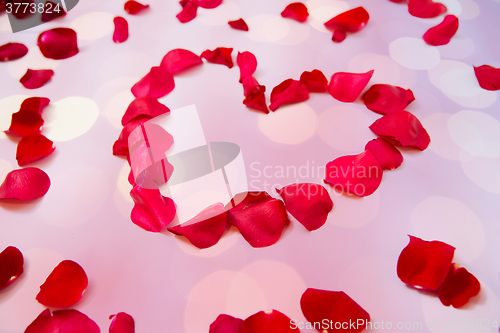 Image of close up of red rose petals in heart shape