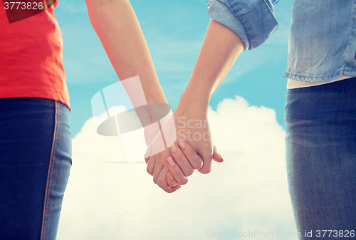 Image of close up of lesbian couple holding hands