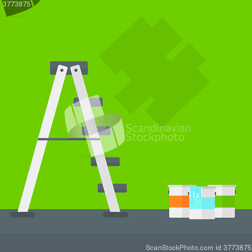 Image of Background of wall with paint cans and ladder.