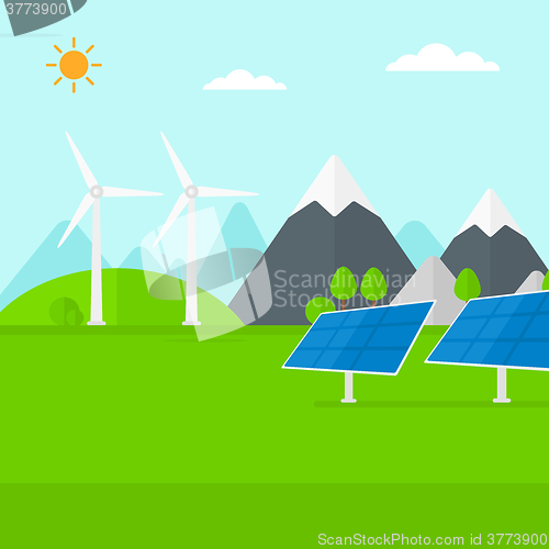 Image of Background of solar panels and wind turbines in mountains.