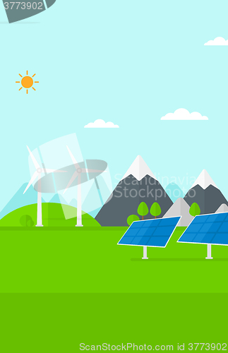 Image of Background of solar panels and wind turbines in mountains.