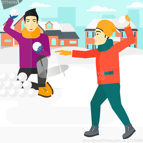 Image of Men playing in snowballs.